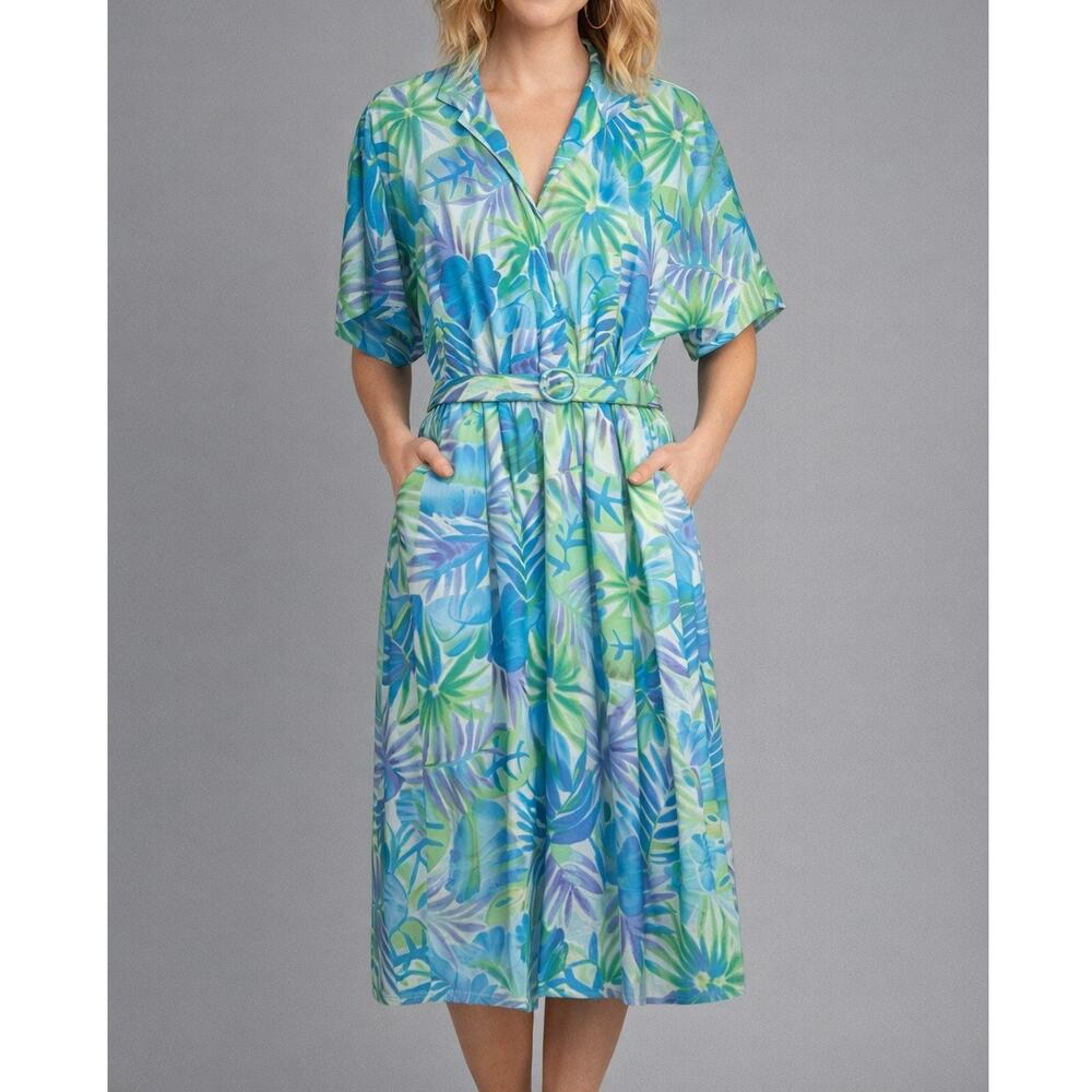 Vintage 80s Tropical Print Belted Dress Womens Large Summer Green Blue Retro